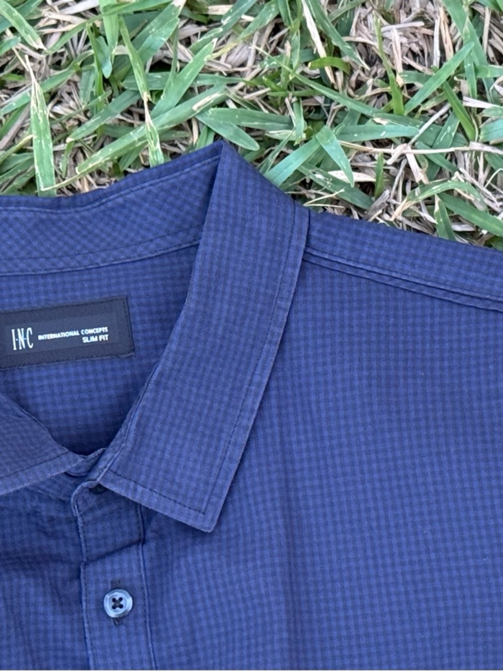 INC Men's XXL Slim Fit Button-Up | Navy Blue Micro-Check Pattern